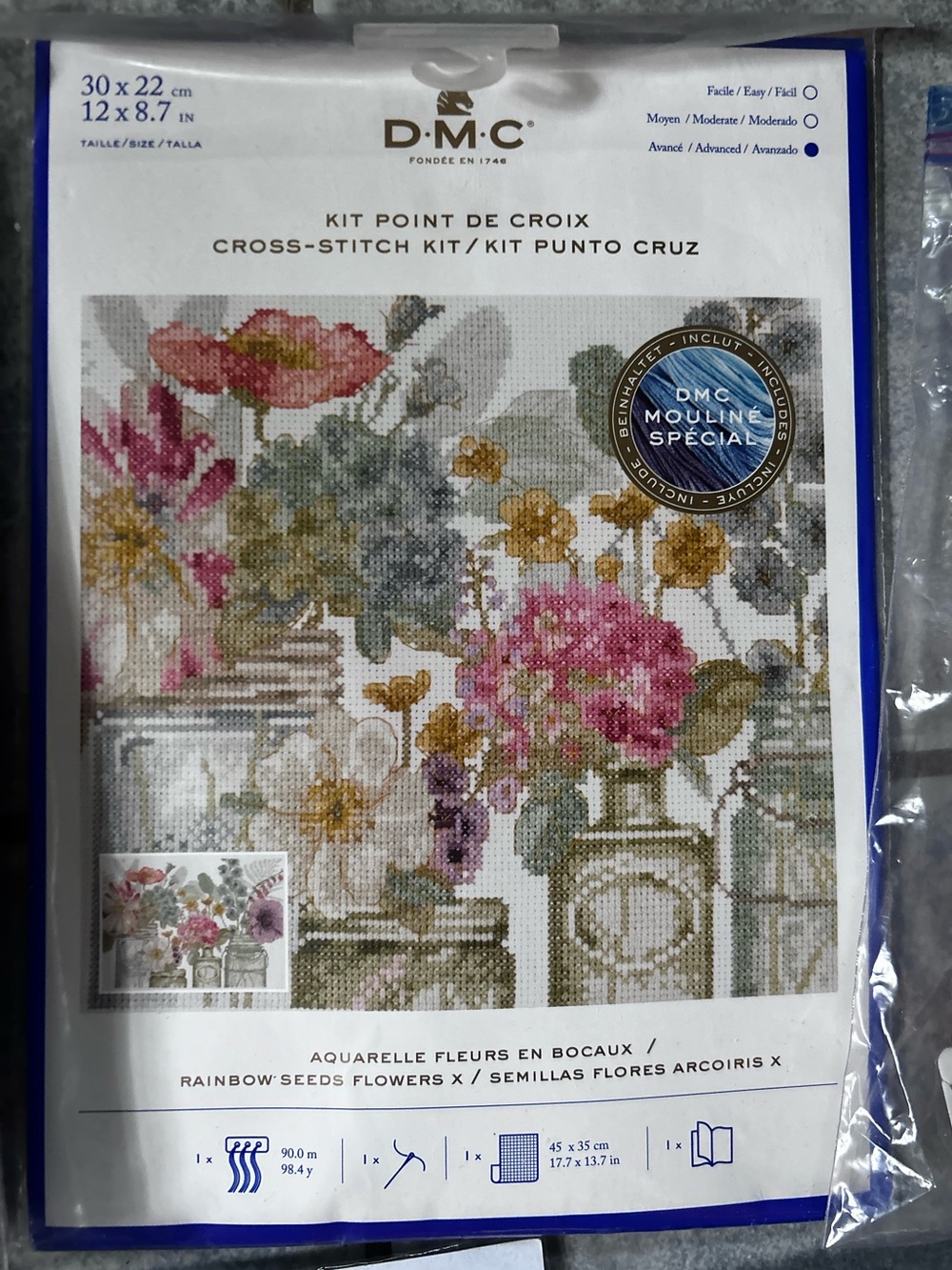 DMC Cross-Stitch Kit — Floral Jars in Pink, Green & Gold